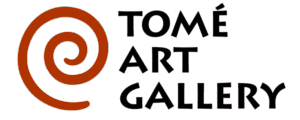 Business logo with the words "Tomé Art Gallery" in black, Lithos Pro font against a transparent background with a burnt orange spiral icon to the left.